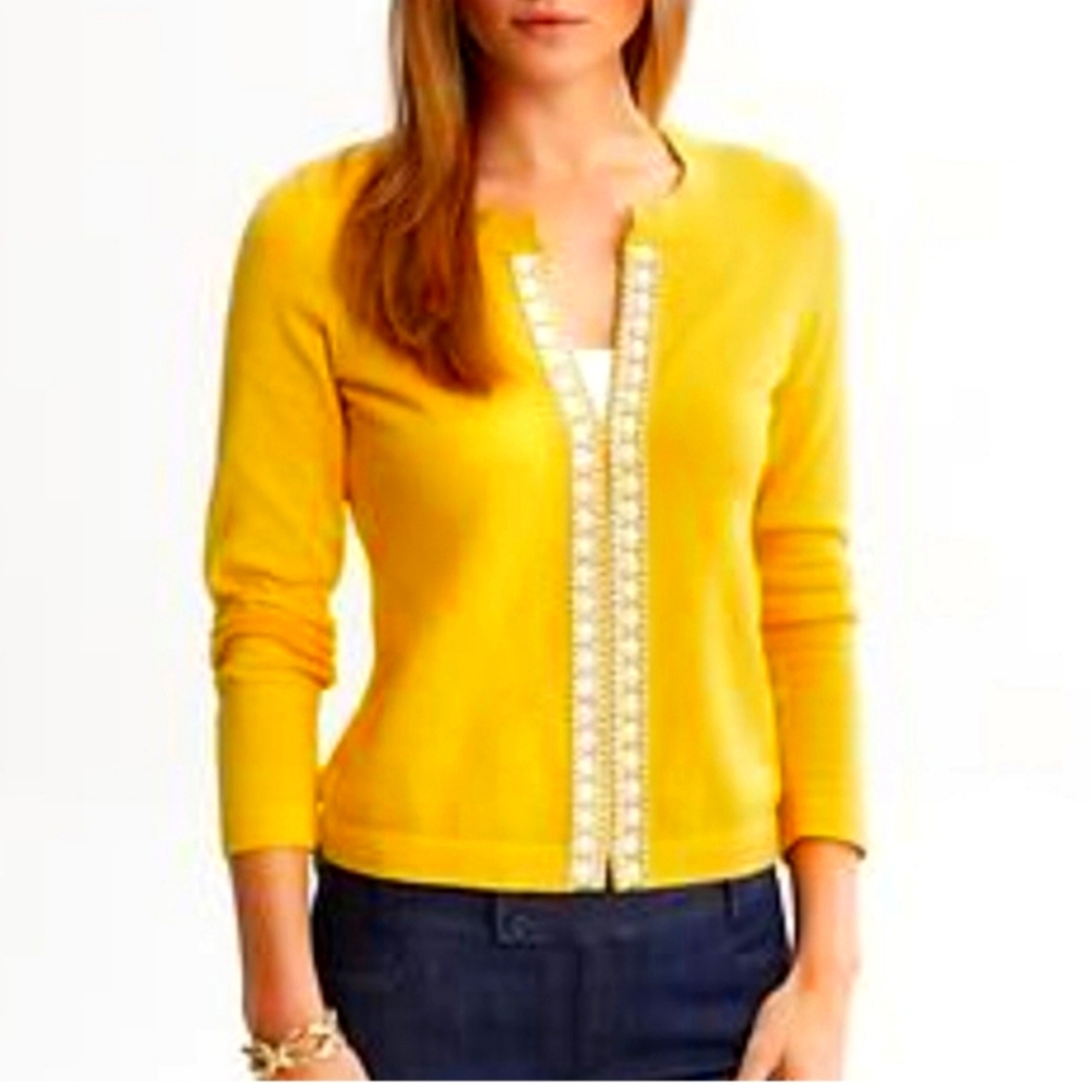 Banana Republic yellow beaded cardigan NWOT